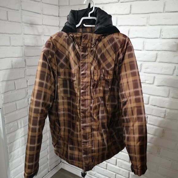 Capsize Men's Size Large Tan & Brown Plaid Lined Hooded Jacket - Picture 1 of 14